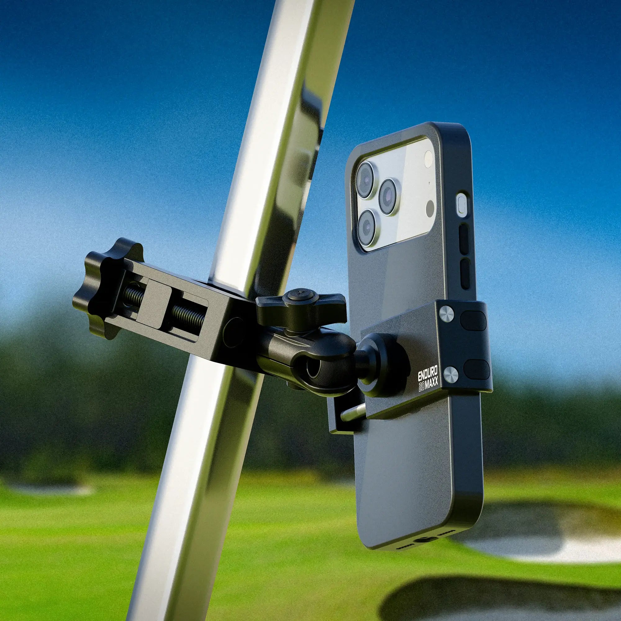 phone mounted on golf cart with tackform all-metal phone holder shown on golf course